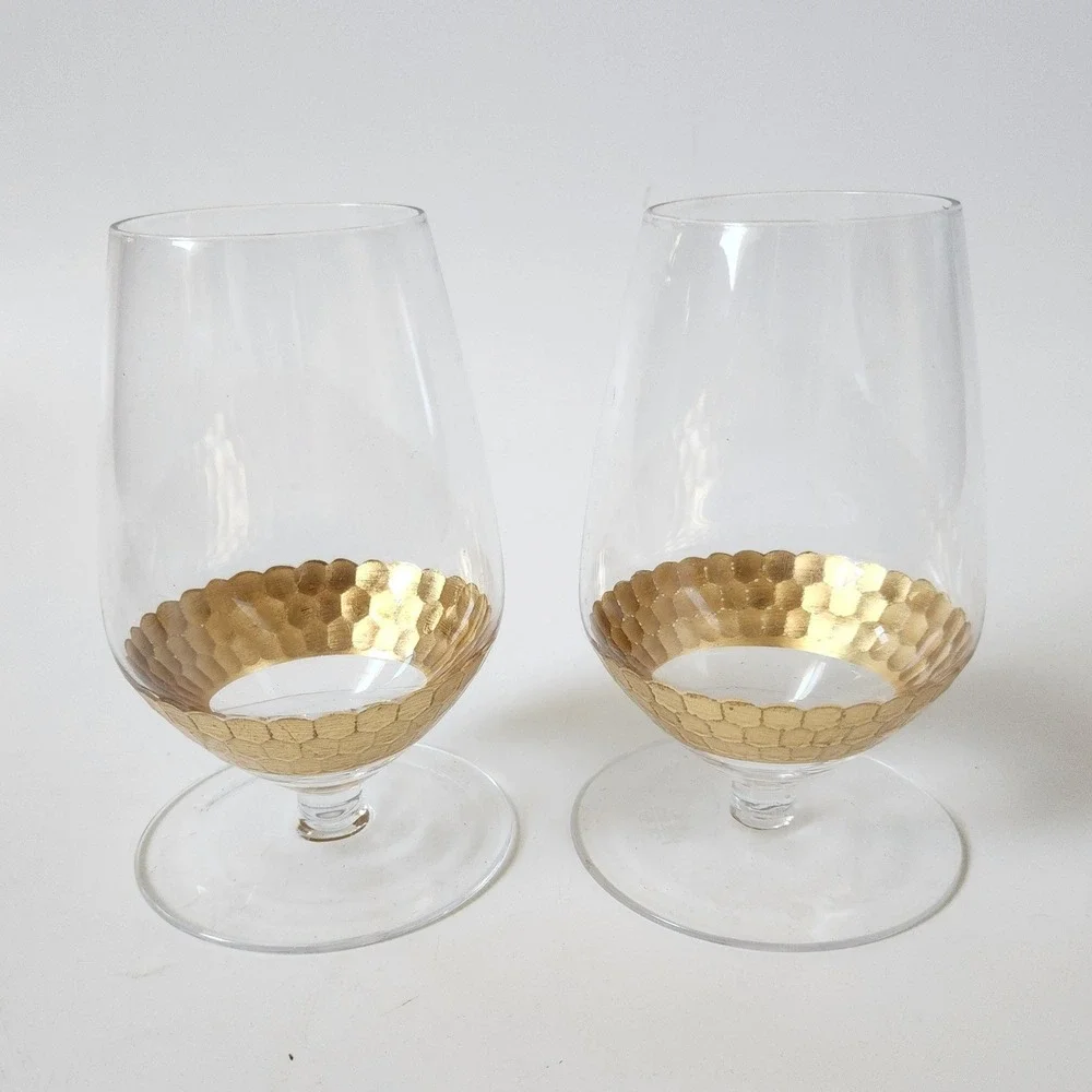Fitz Floyd Short Stem Wine Goblet Glasses Set of 2 Gold Tone Hammered Honeycomb